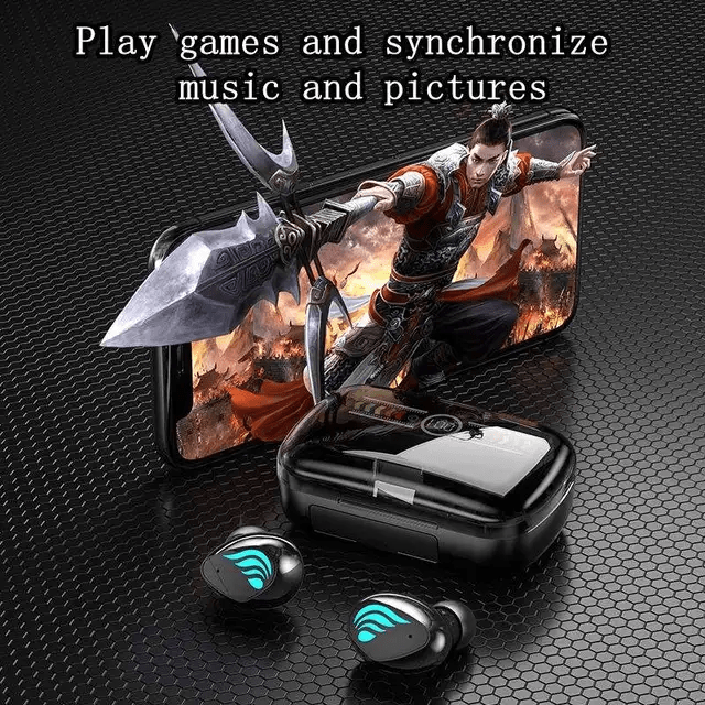 M27 Bluetooth wireless earbuds featuring a dazzling LED display, a charging case, and advanced Bluetooth 5.3 technology for 360° panoramic sound.